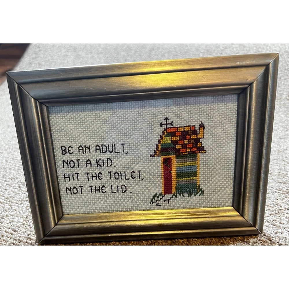 Vintage Framed Bathroom Cross Stitch Humorous Outhouse Wall Decor Sign